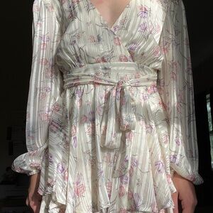 Cream Long Sleeve V-Neck Sundress for Wedding Guest